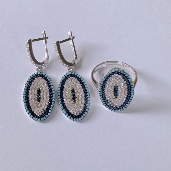 Jewelry - 🧿925 Silver evileye set of earrings and ring turquoise and cz stones